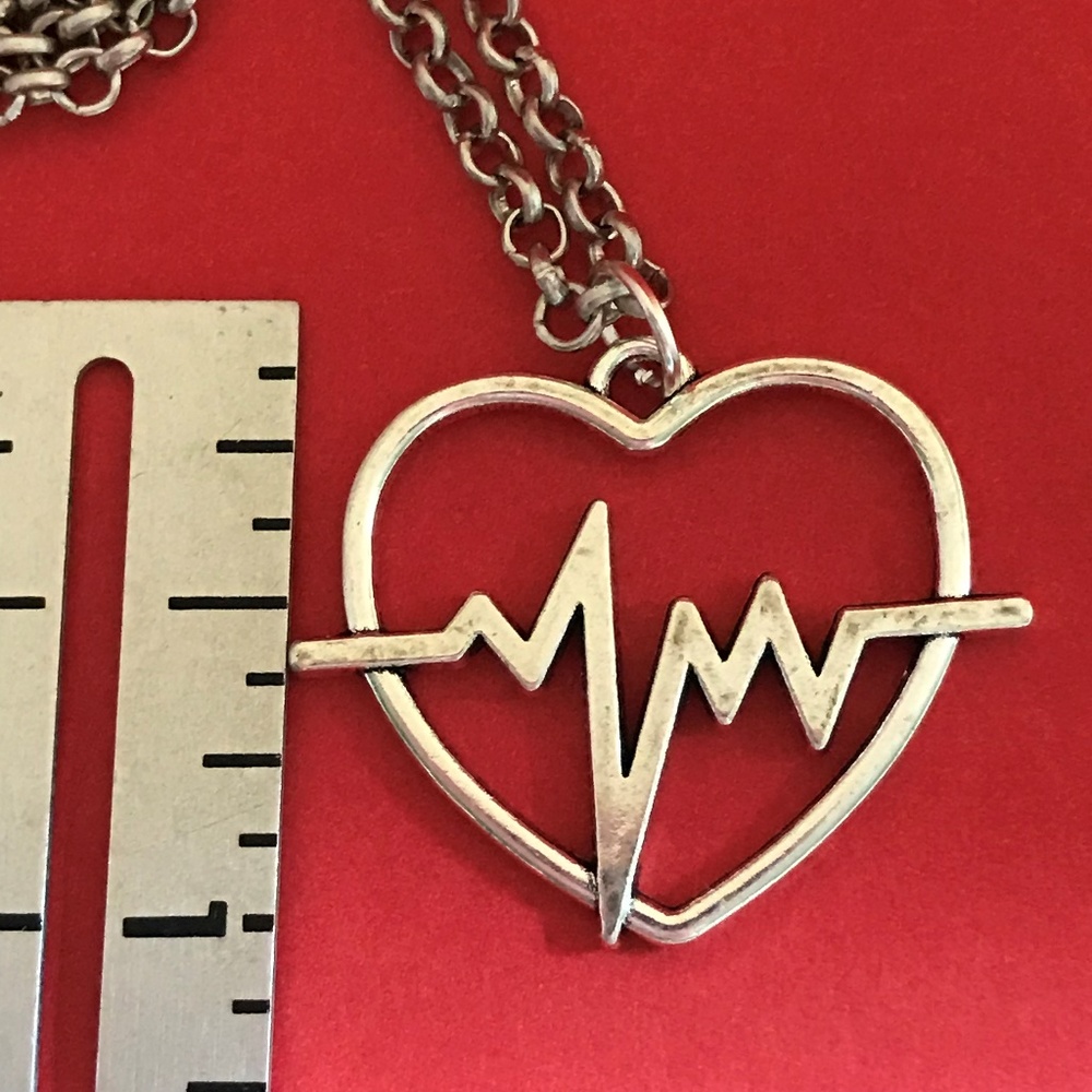 Heart EKG Silver Tone Pendant Necklace - Picture 3 of 4